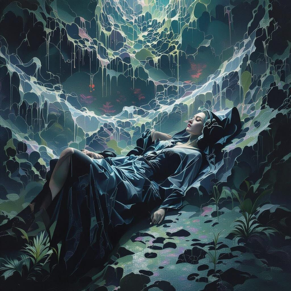 Ethereal Woman in Monk's Robe in Dreamlike Swamp