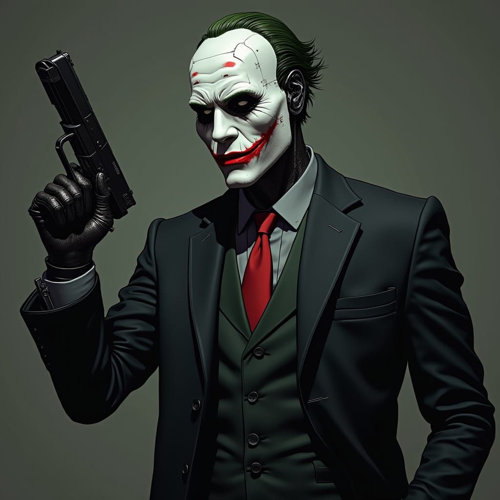Gritty Noir Butler Wears Mechanical Joker Mask with Guns