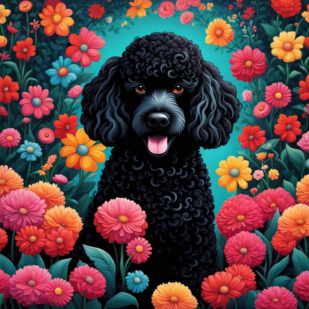 Black Poodle in Dreamy Flower Garden