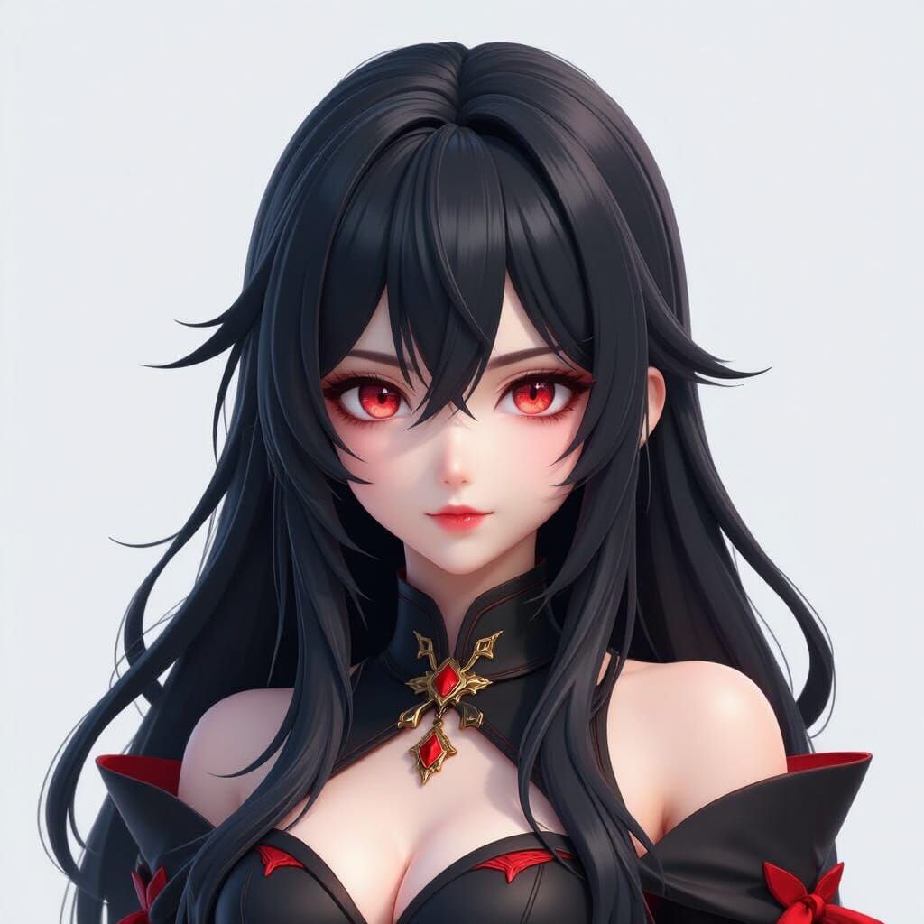 Detailed 3D Anime Character with Black Hair and Red Eyes