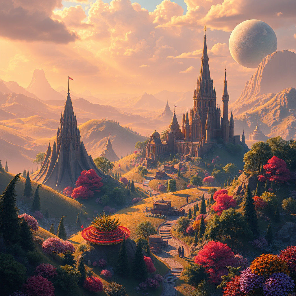 Whimsical Fantasy Landscape in Golden Light