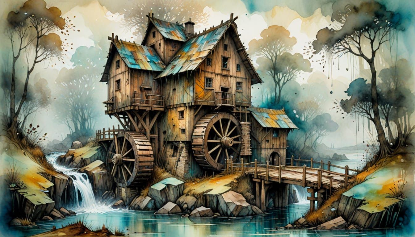 Misty Water Mill in Whimsical Abstract Art Style