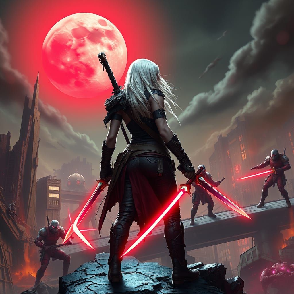 Cyberpunk Warrior Stands Tall in Neon Ruins