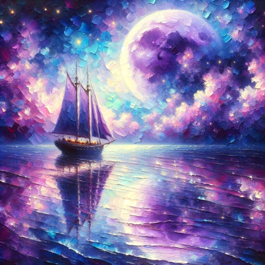 Sailboat Reflects Violet Moon in Enchanted Sky