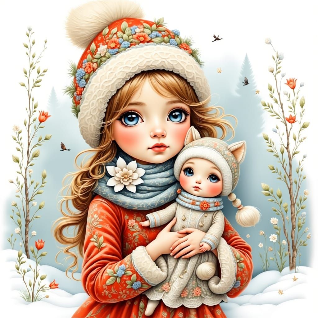 Child Holding Doll in Vintage Folk Art Style