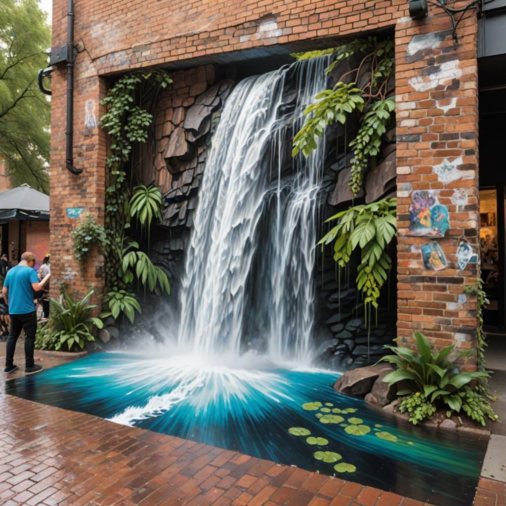 Street Artist Creates Realistic Mural of Flowing Waterfall