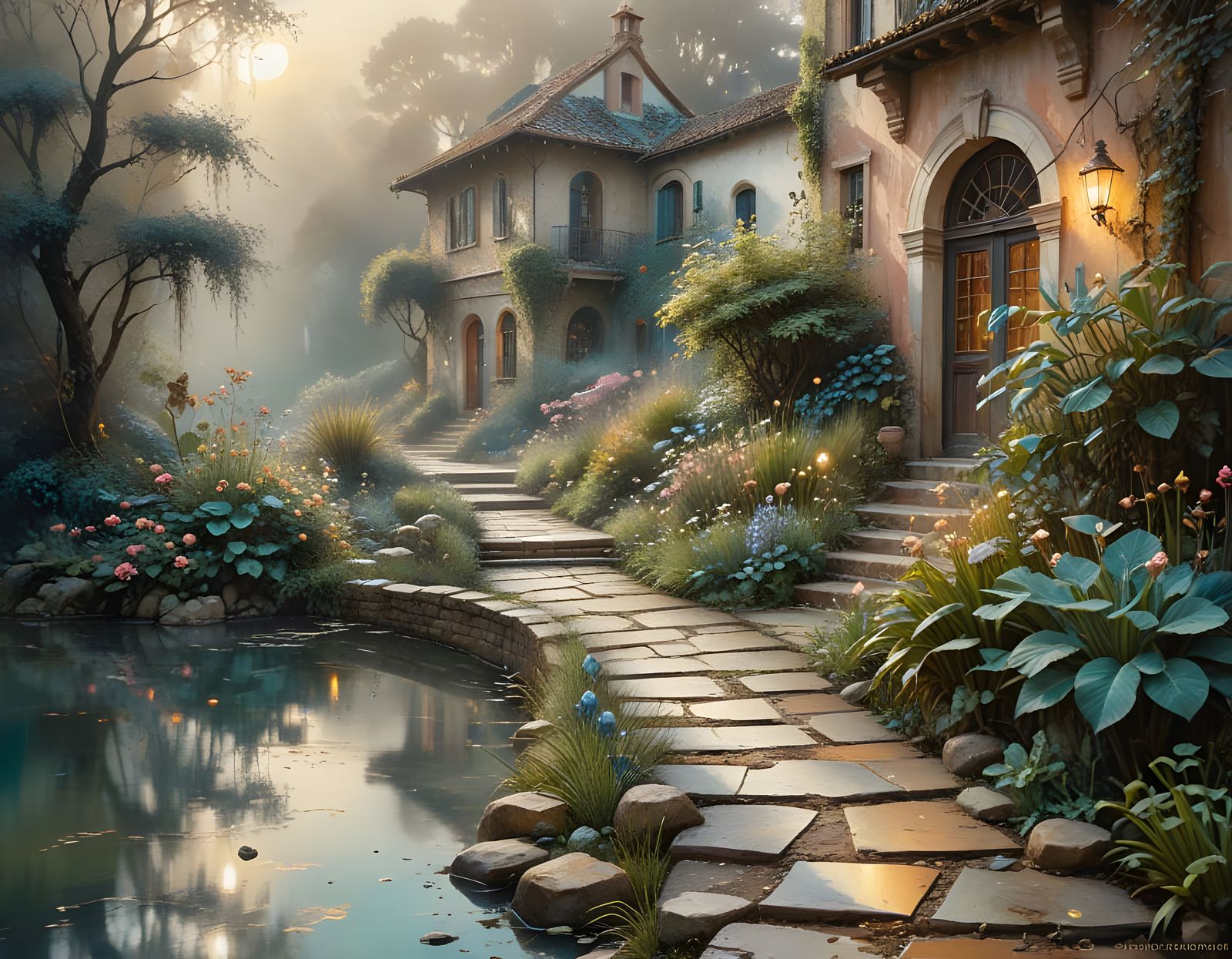 Golden Spheres in Misty Summer: Watercolor and Ink Art