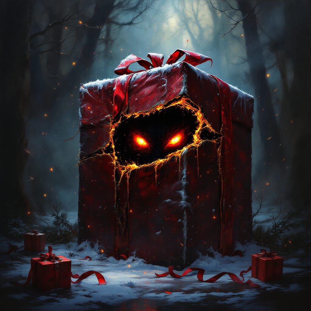 Christmas Present With Fiery Eyes In Dark Fantasy Style