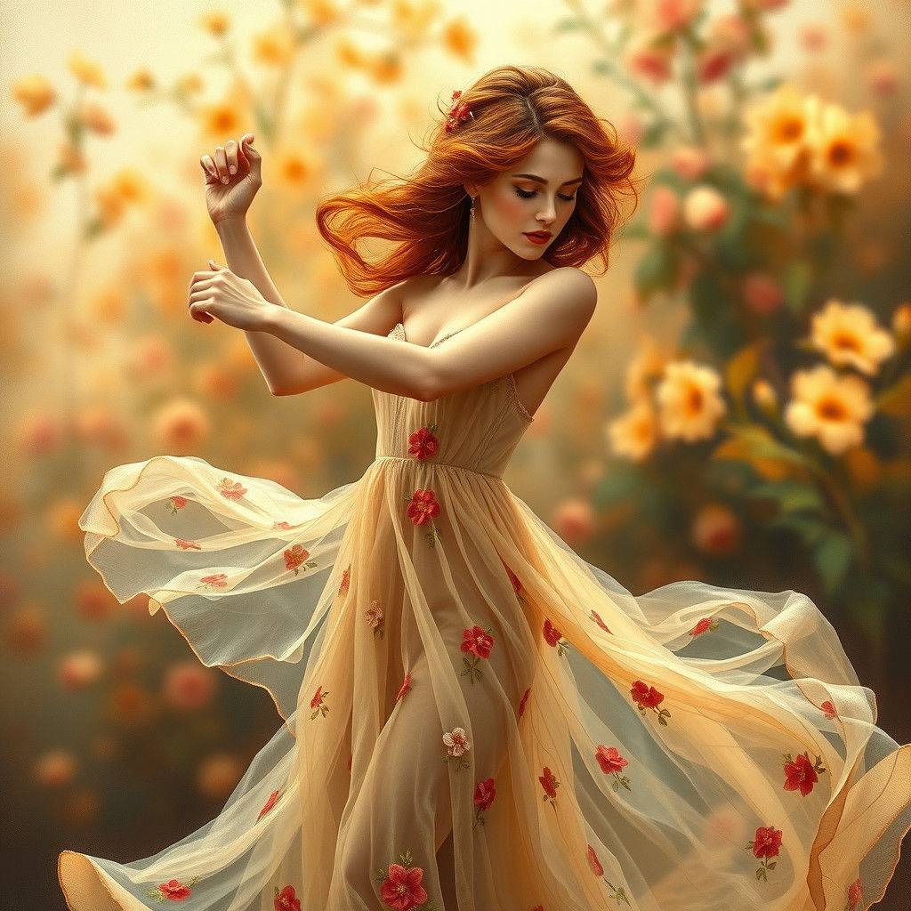 Ethereal Woman Dancing in Blooming Garden as Oil Painting