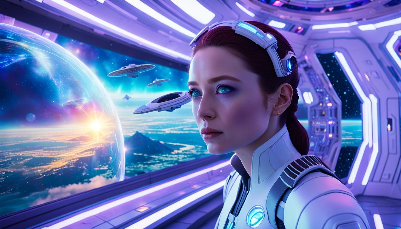 Futuristic Violet-Eyed Woman in Galactic Spaceship
