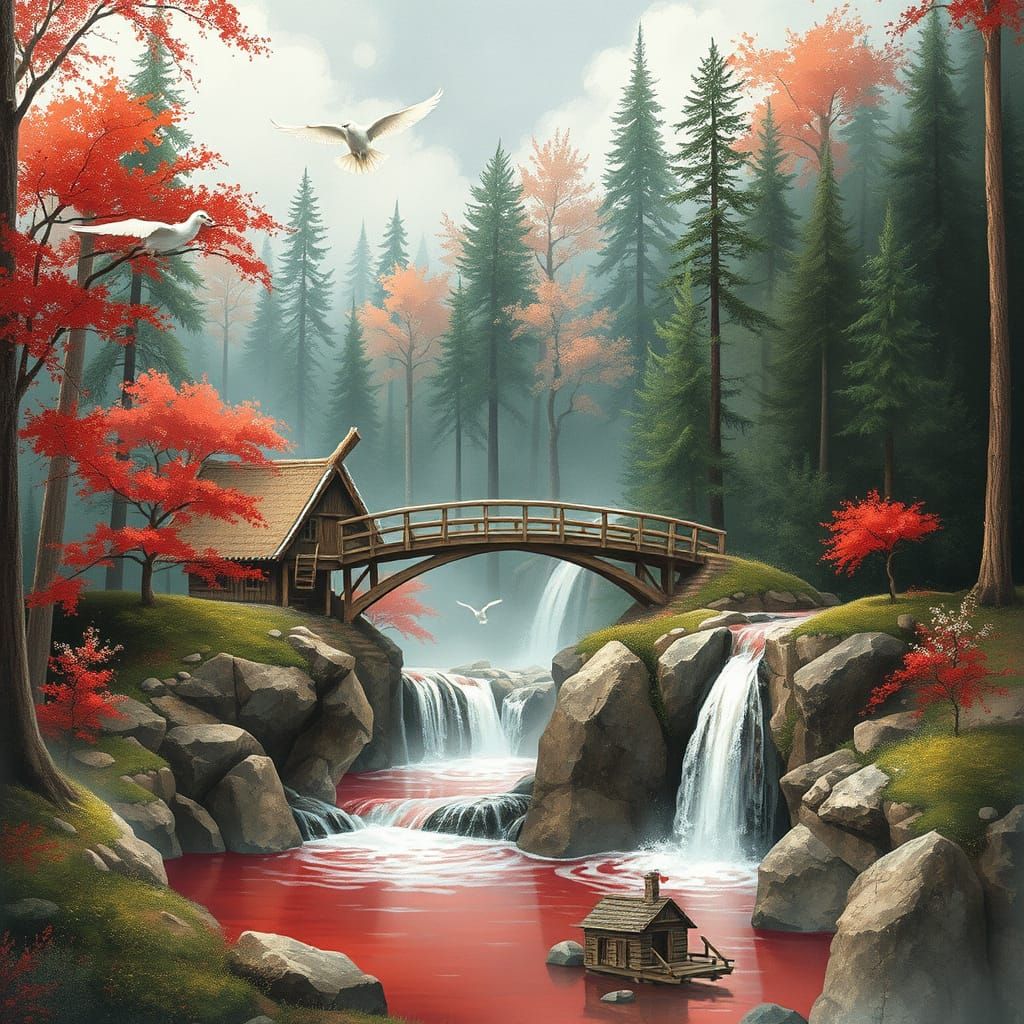 Dreamlike Forest Landscape in Mixed Media Style