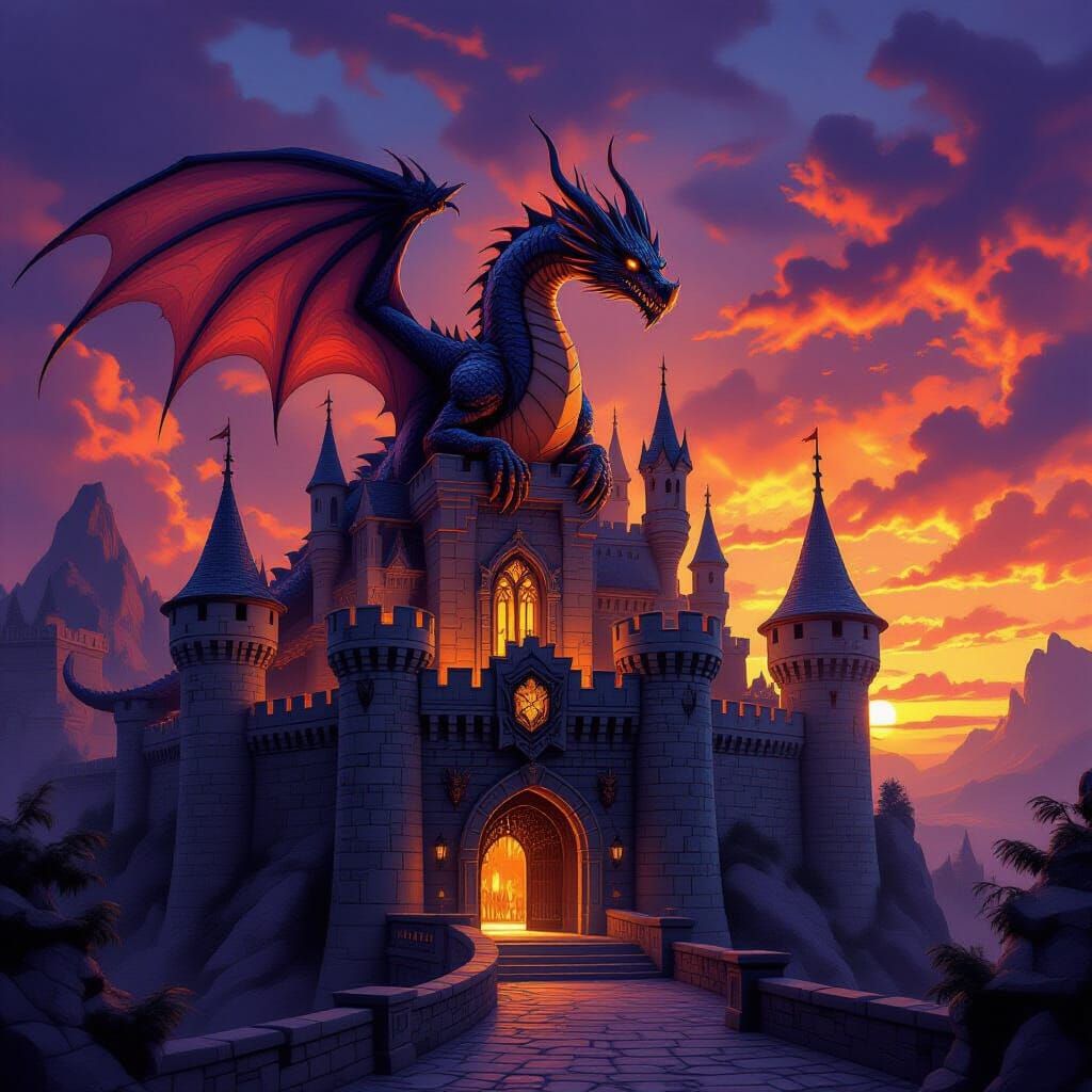 Majestic Castle with Dragon Motifs at Sunset