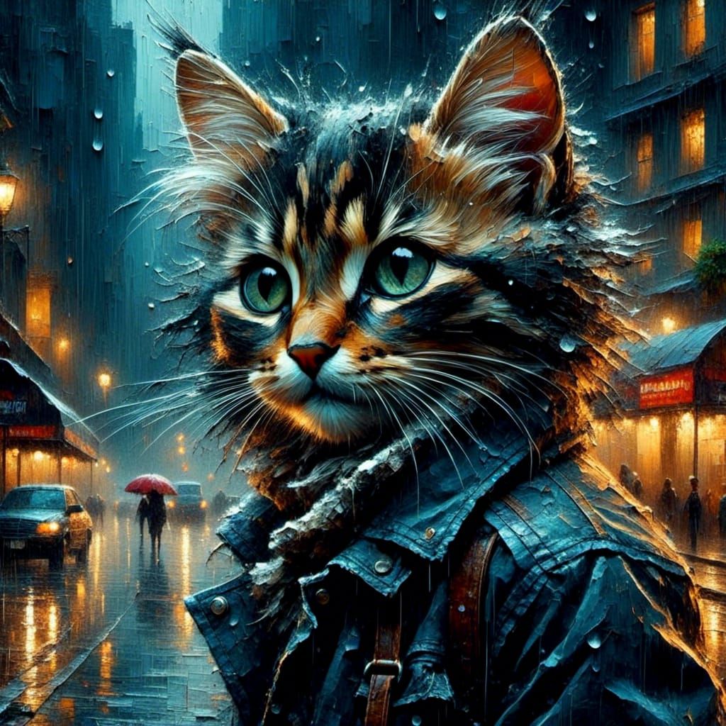 Kitten in Rain Comic Book Art