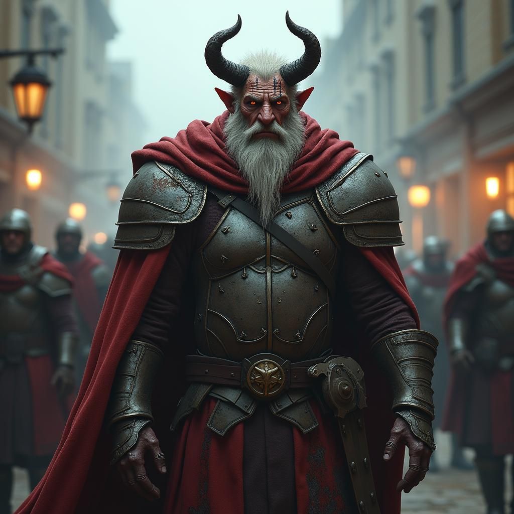 Tiefling Warrior Leads Patrol in Northford Streets