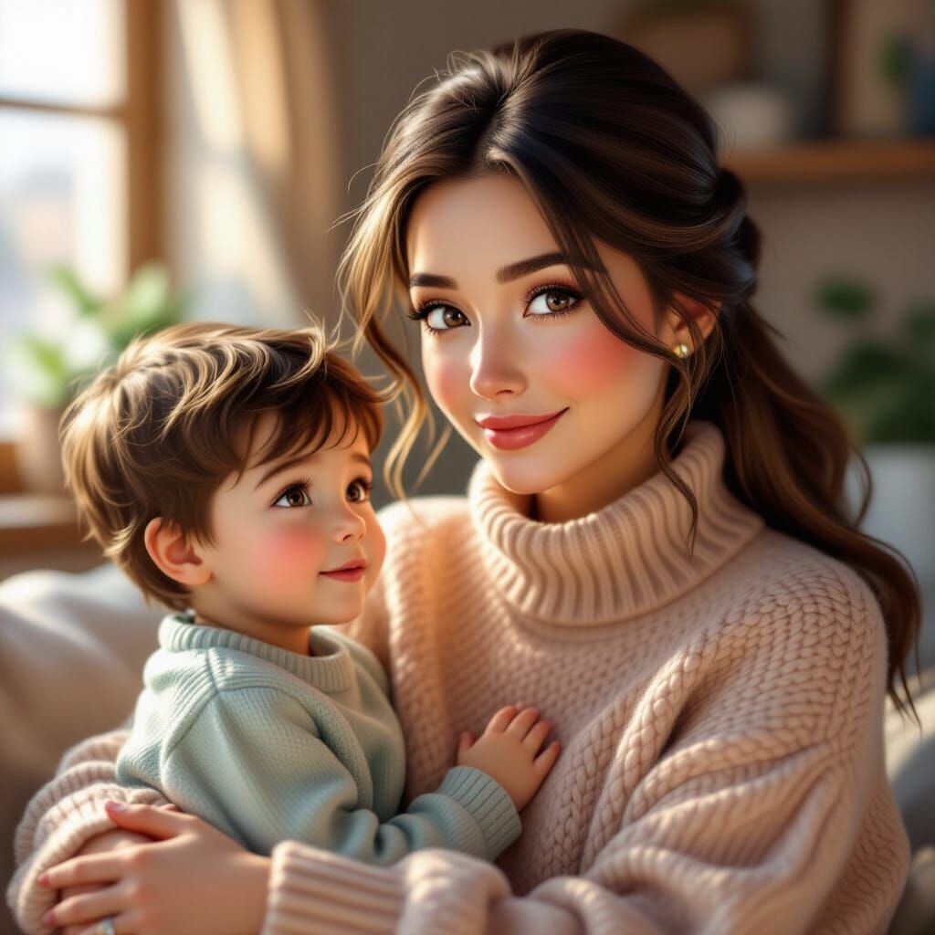 Mother and Son Play Together in Cozy Home, 3D Render