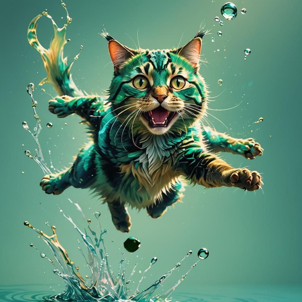Frog-like Cat Leaping, Hyperrealistic Splash Art