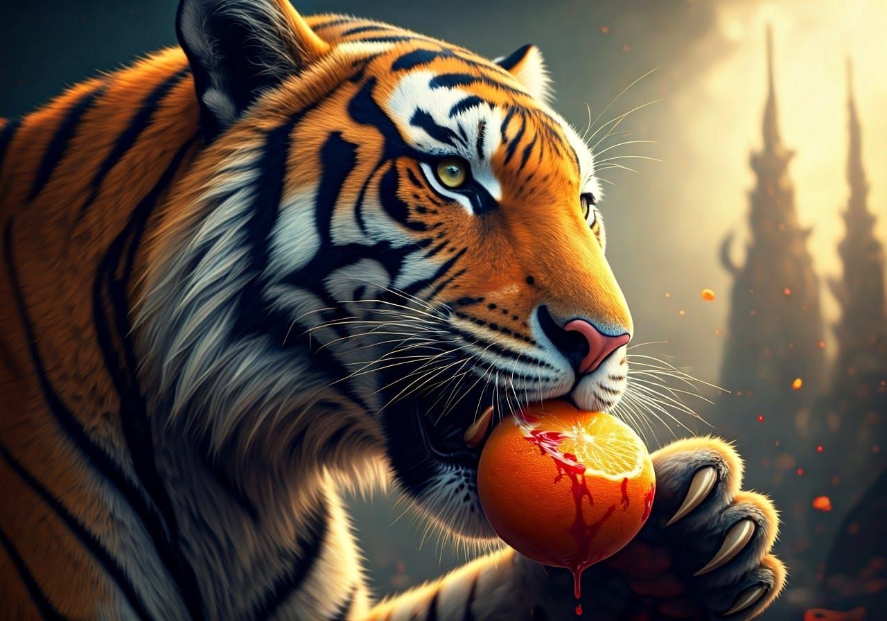 Tiger Devours Orange in Vibrant, Fantasy World