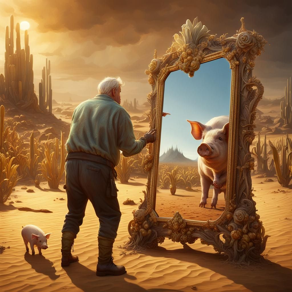 Man-Pig Gazing at Corn Reflection, Fantasy Art