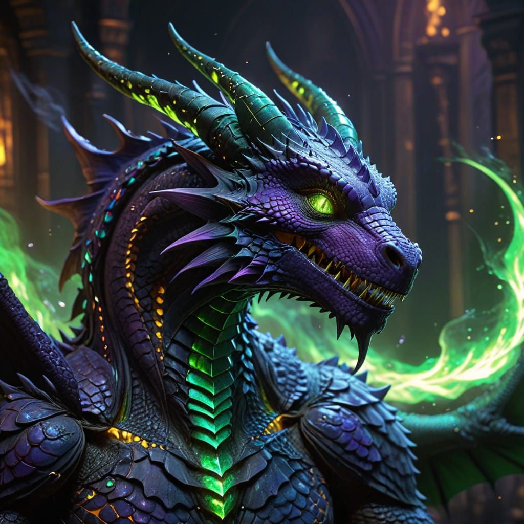 Dark Fantasy Dragon with Vibrant Scales and Luminous Flames