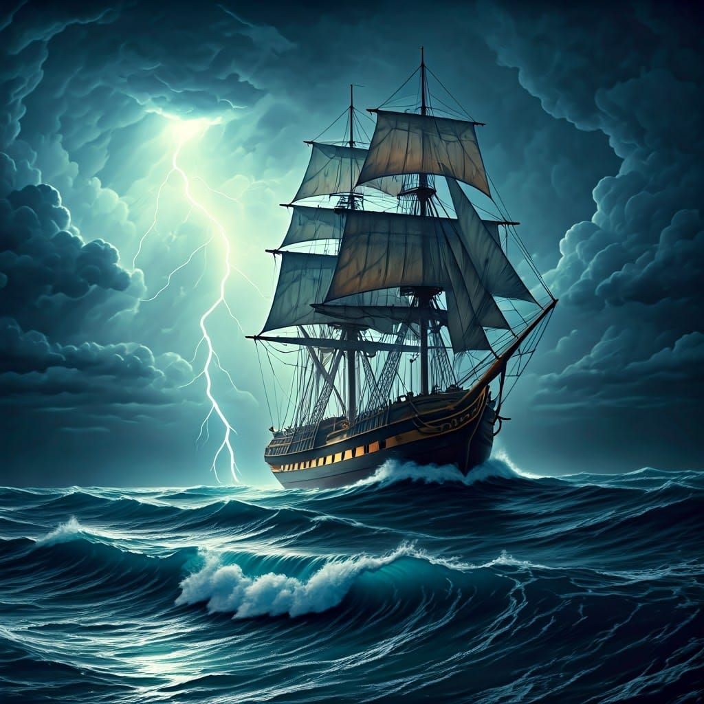 Sailing Ship Navigates Stormy Seas in Hyperrealistic Style