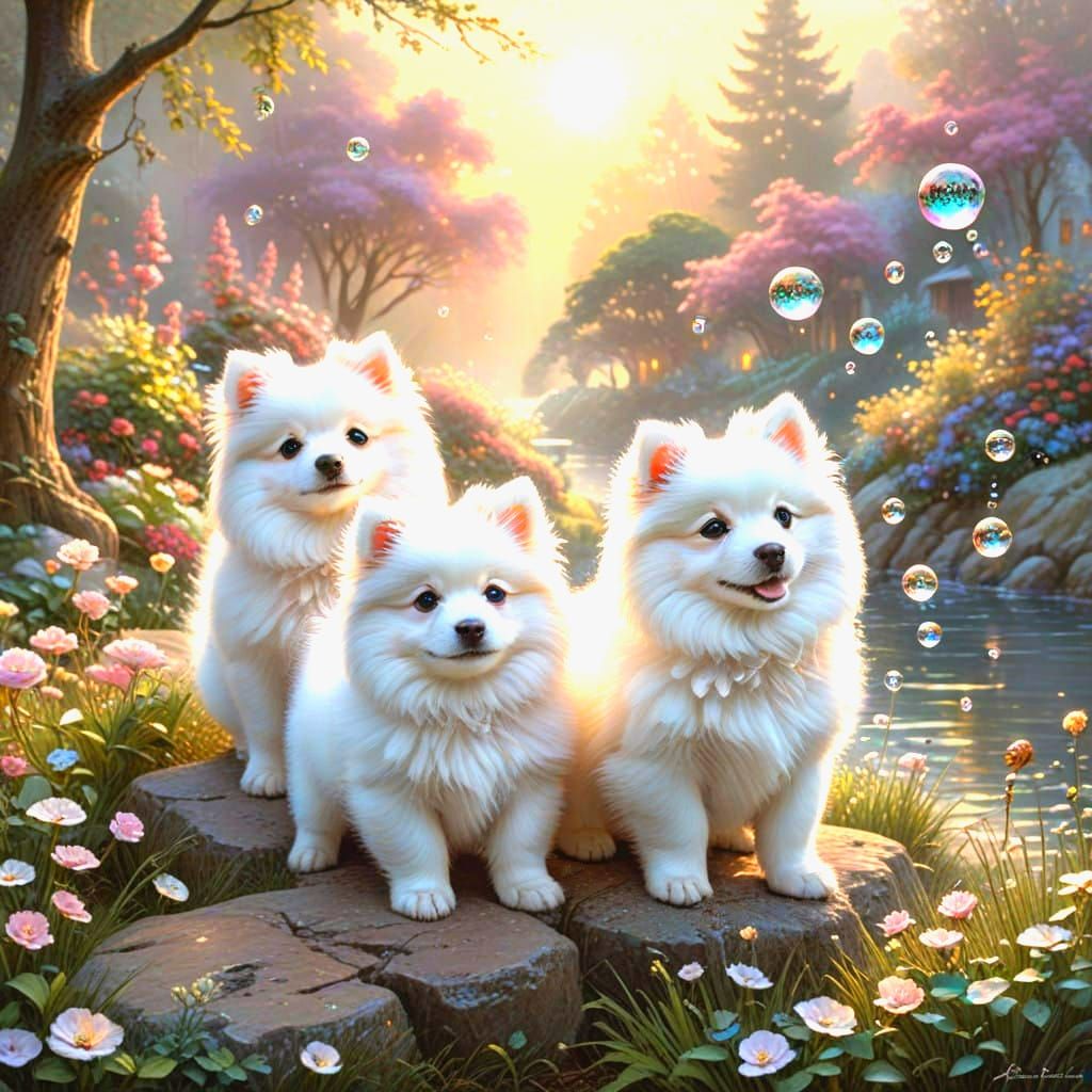 Whimsical Japanese Spitz Puppies in Ethereal Bubbles