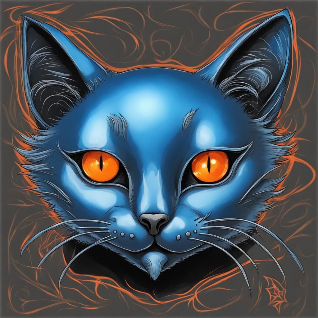 Drawing of a cute Blue metal cat, with orange eyes, love, happy, Gary Rutkowski, sinister, gothic, on a background of bl...