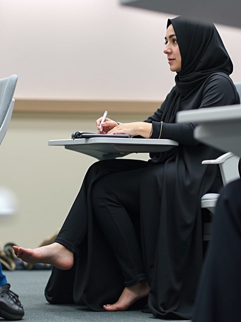Young Middle Eastern Woman in Abaya Removes Her Shoe in a Ca...