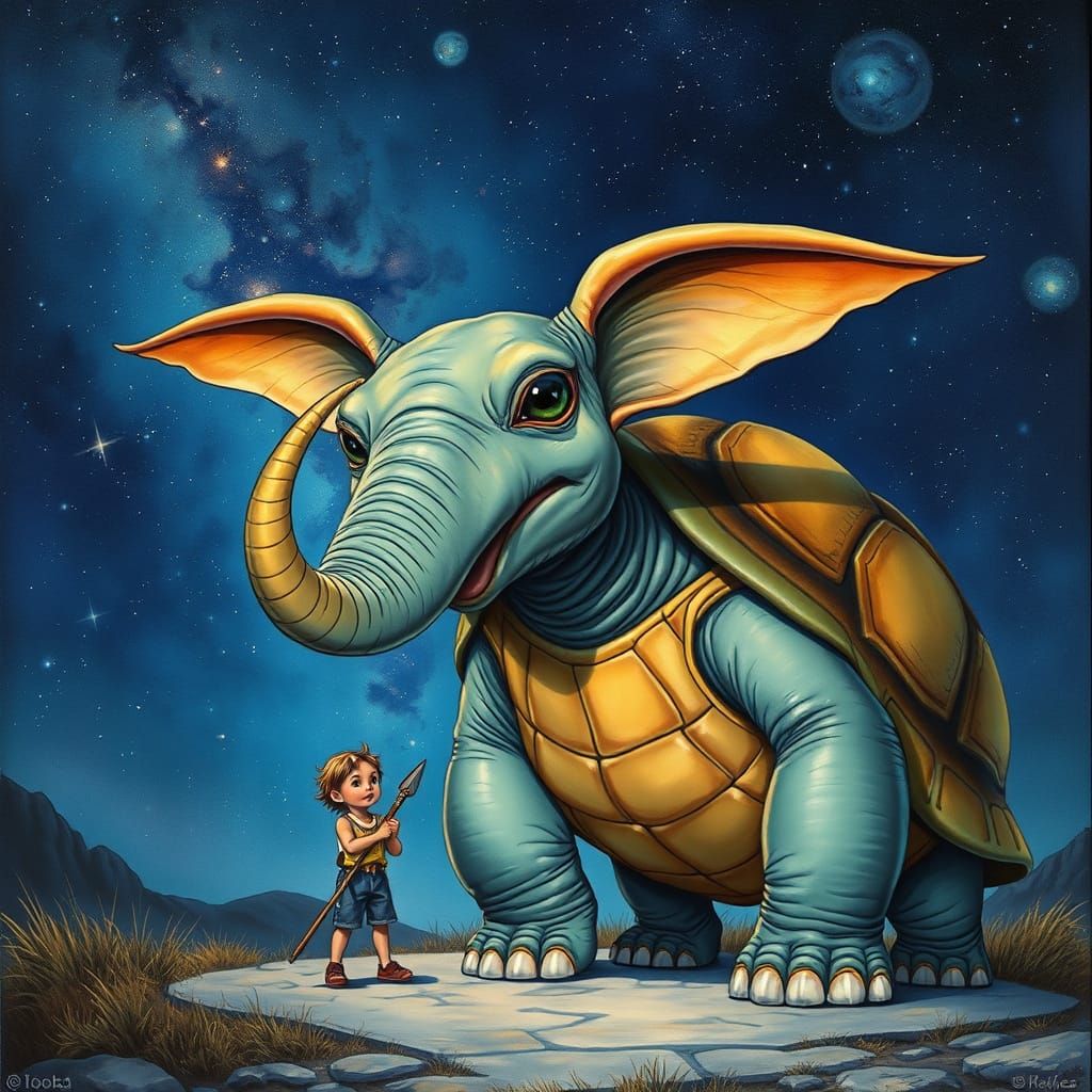 Boy and Turtlephant Under Nebula Sky Comic Art