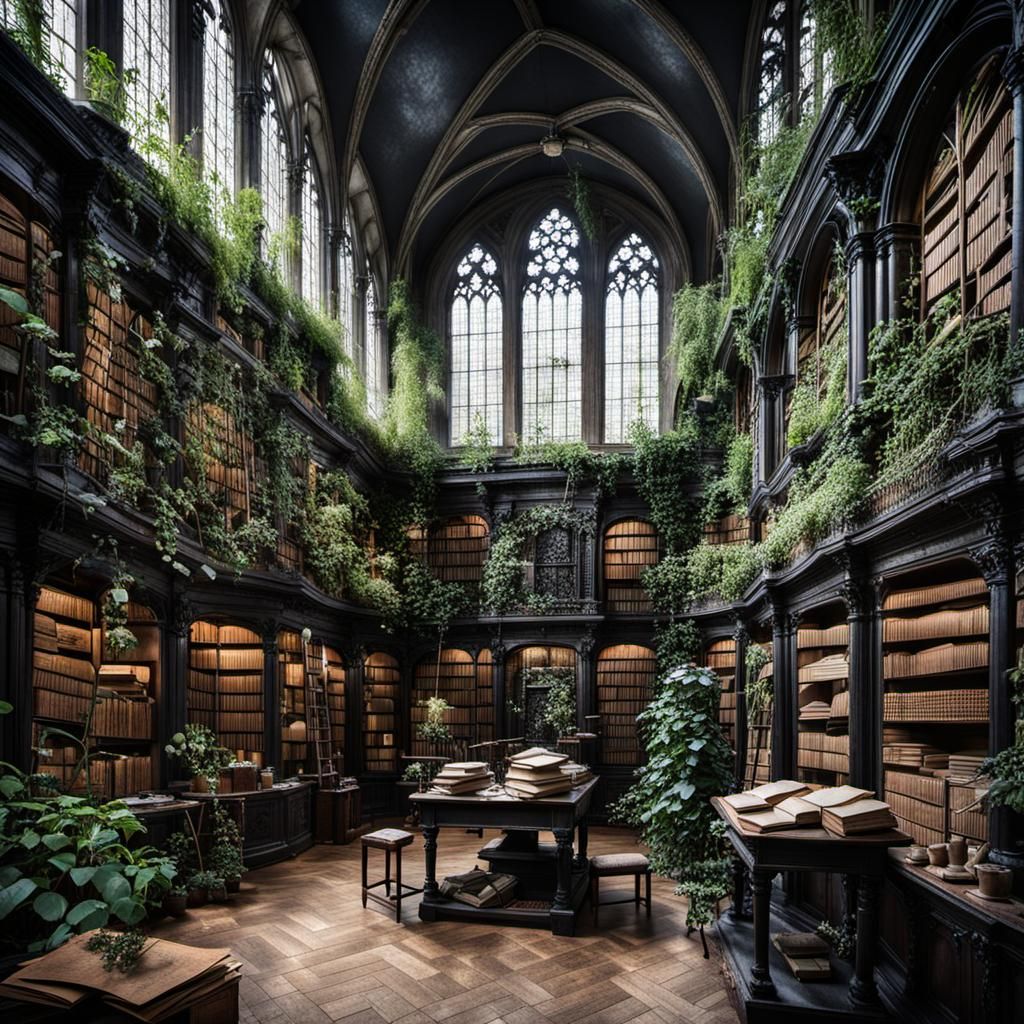 Gothic Library Overgrown with Plants and Flowers