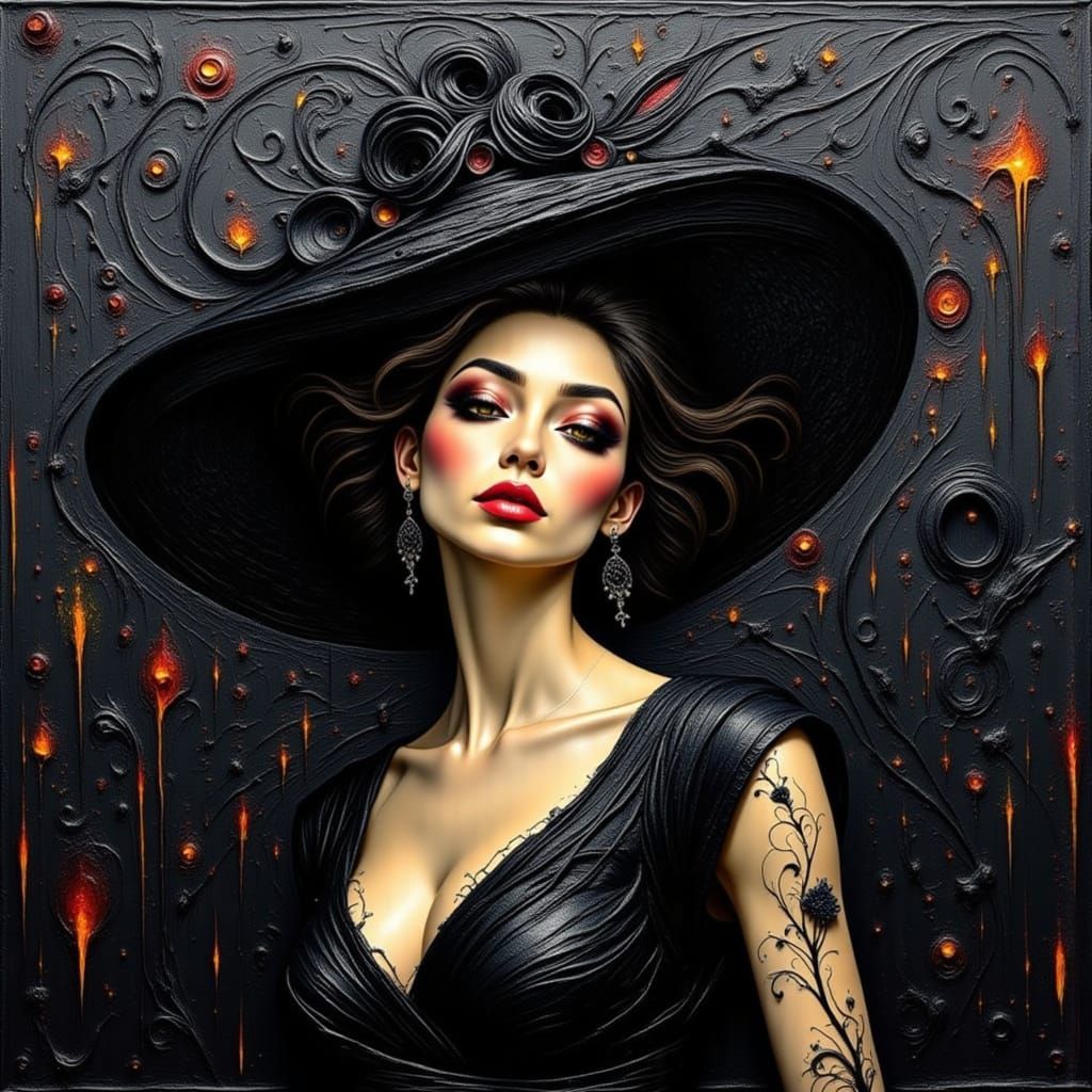 Obsidian Impasto Portrait of Woman in Black Attire