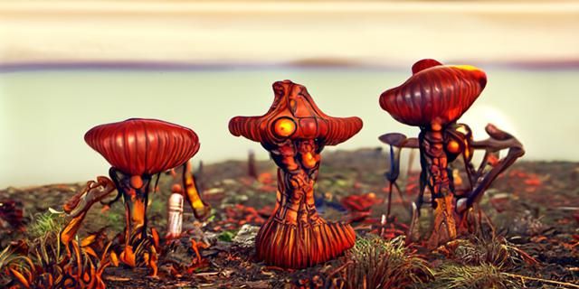 Alien Mushroom Spacesuit in Solar-Punk Diorama