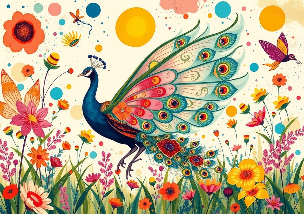 Peacock and Fairy in Rococo-Inspired Meadow