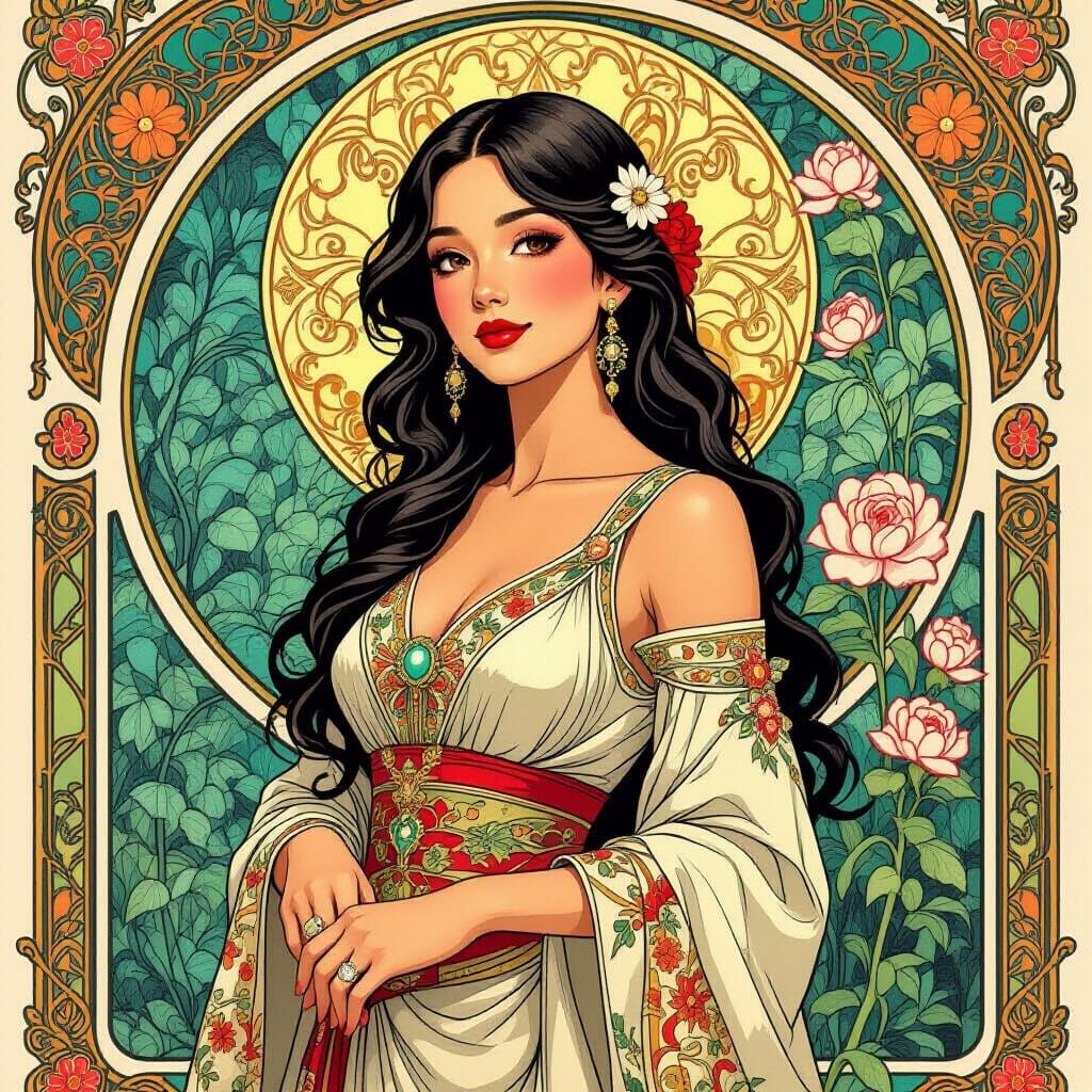Elegant Woman in Alphonse Mucha Style
