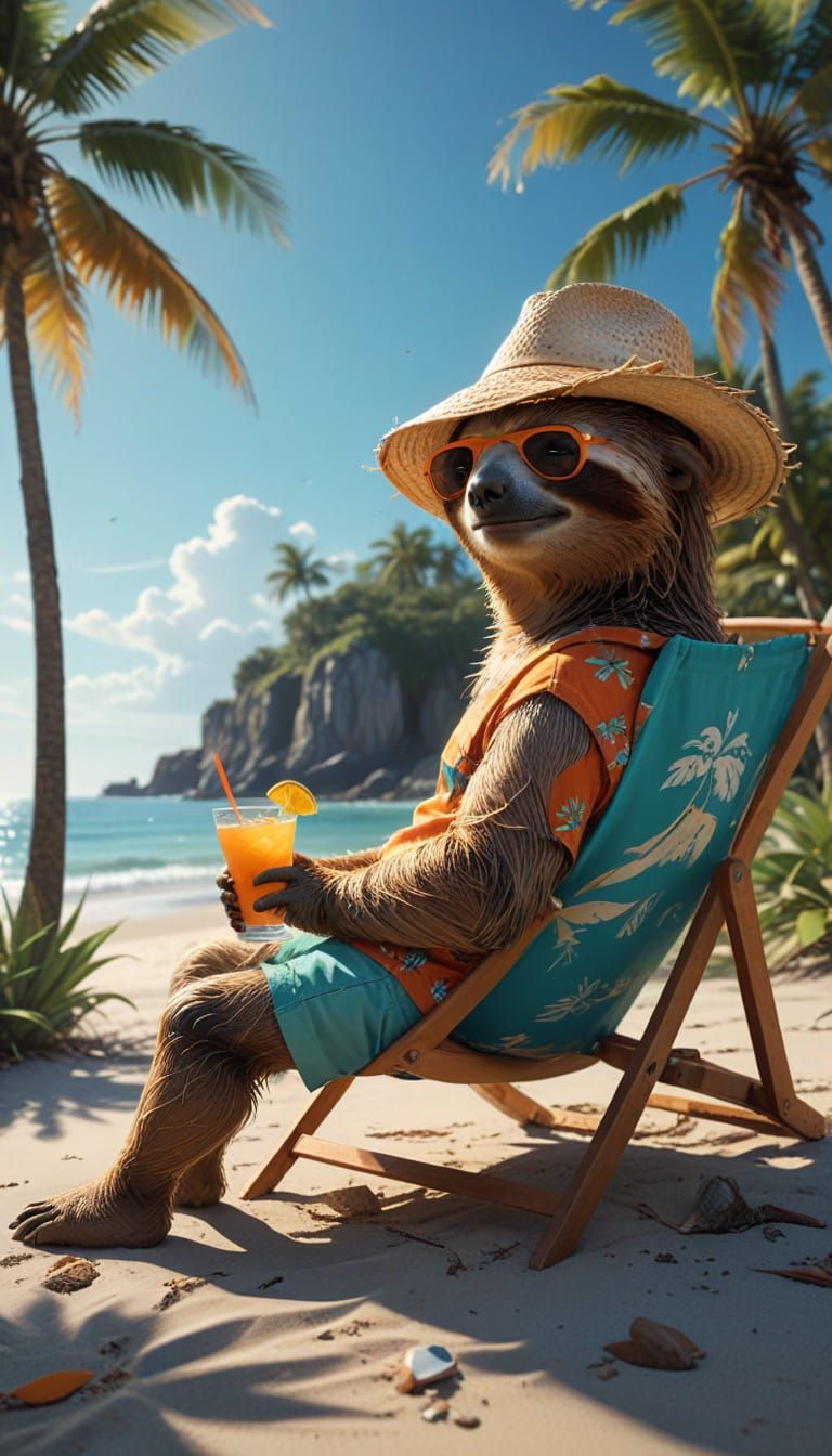 Sloth in Tropical Paradise, Wearing Hawaiian Shirt and Sungl...