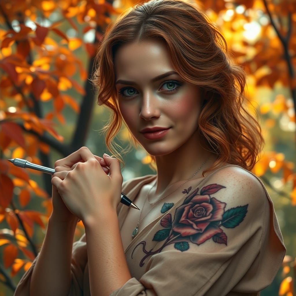 Female Tattoo Artist in Autumnal Outdoor Scene