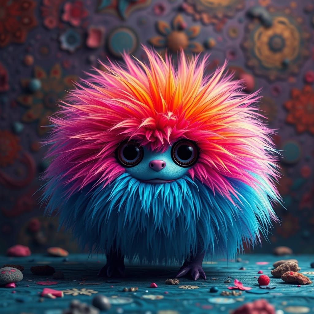 Fantastical Pom Pom Creature in Deep, Textured Fantasy Lands...