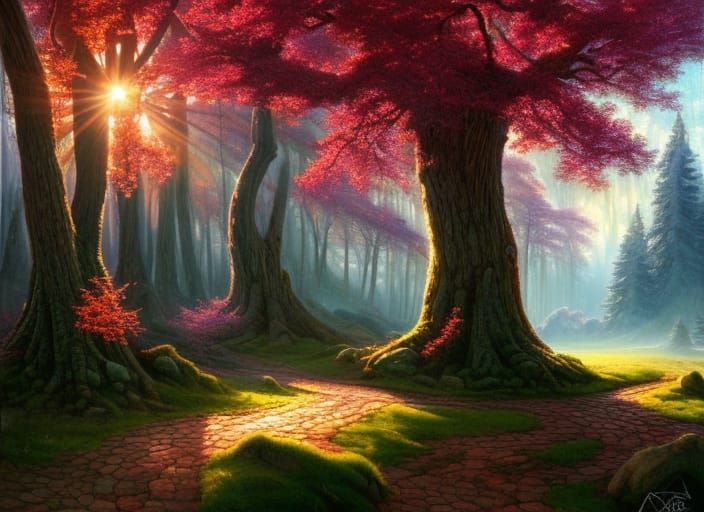 Pink Leaves and Snowfall: A Fantasycore Tree Painting