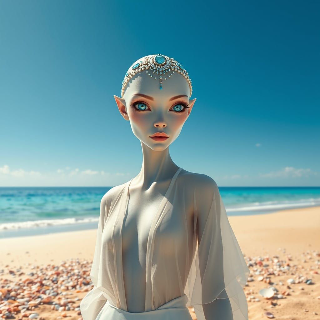Ethereal Alien Goddess on Sun-Kissed Beach