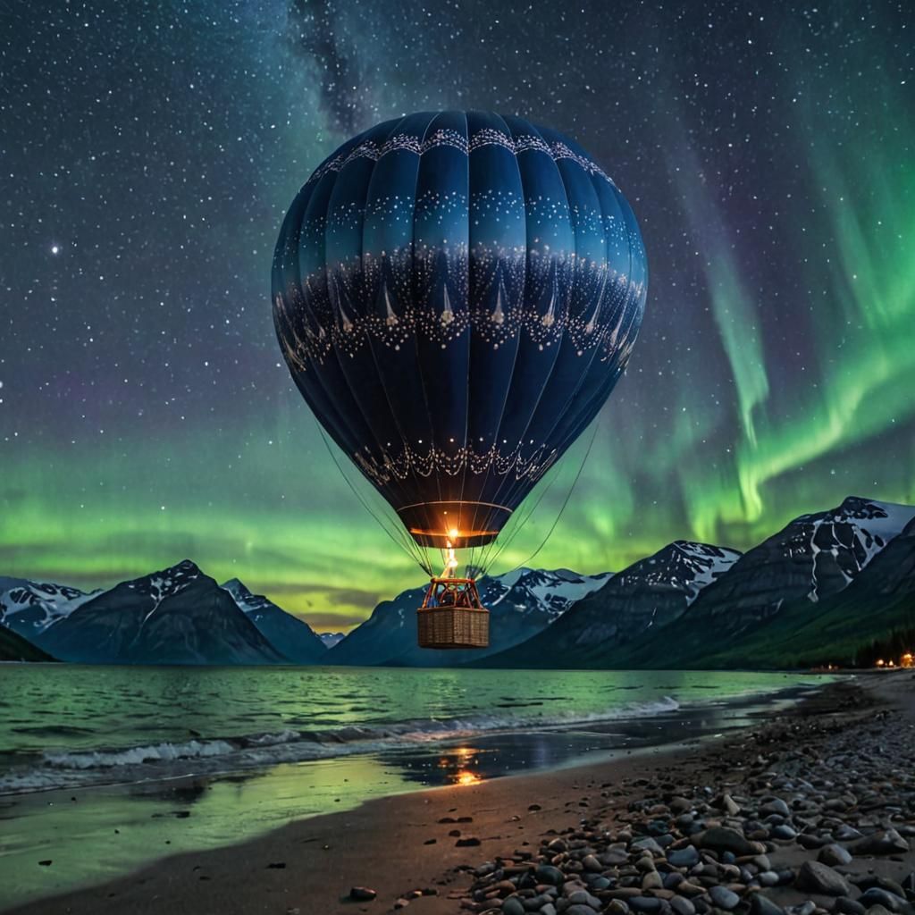 Hot Air Balloon Under Arctic Summer Northern Lights