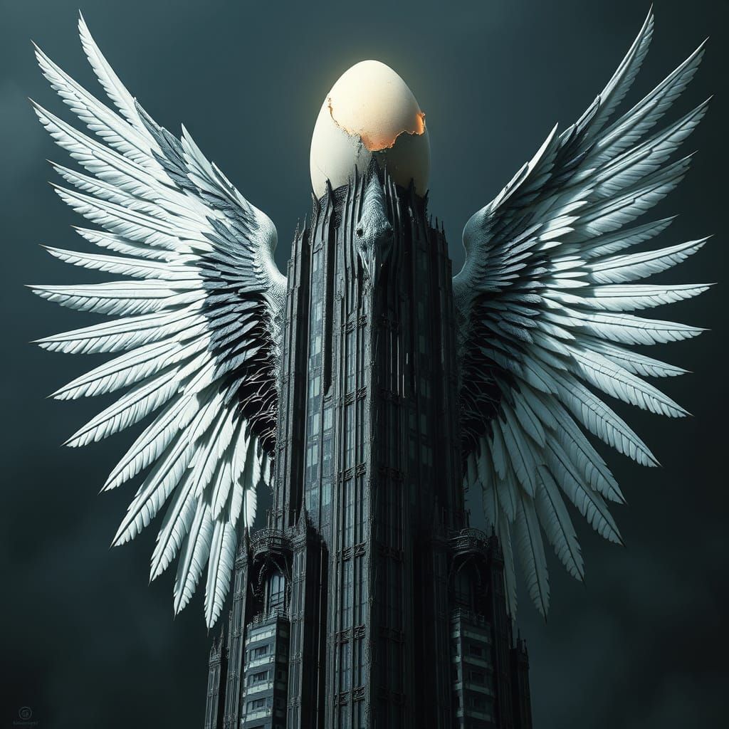 Colossal Bird Wing Skyscraper in Surrealist Style