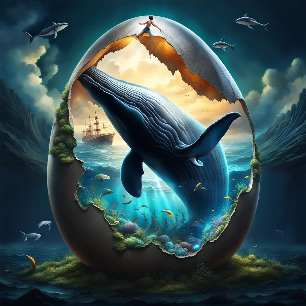 Surreal Whale Emerges from Cracked Egg, Fantasy Art