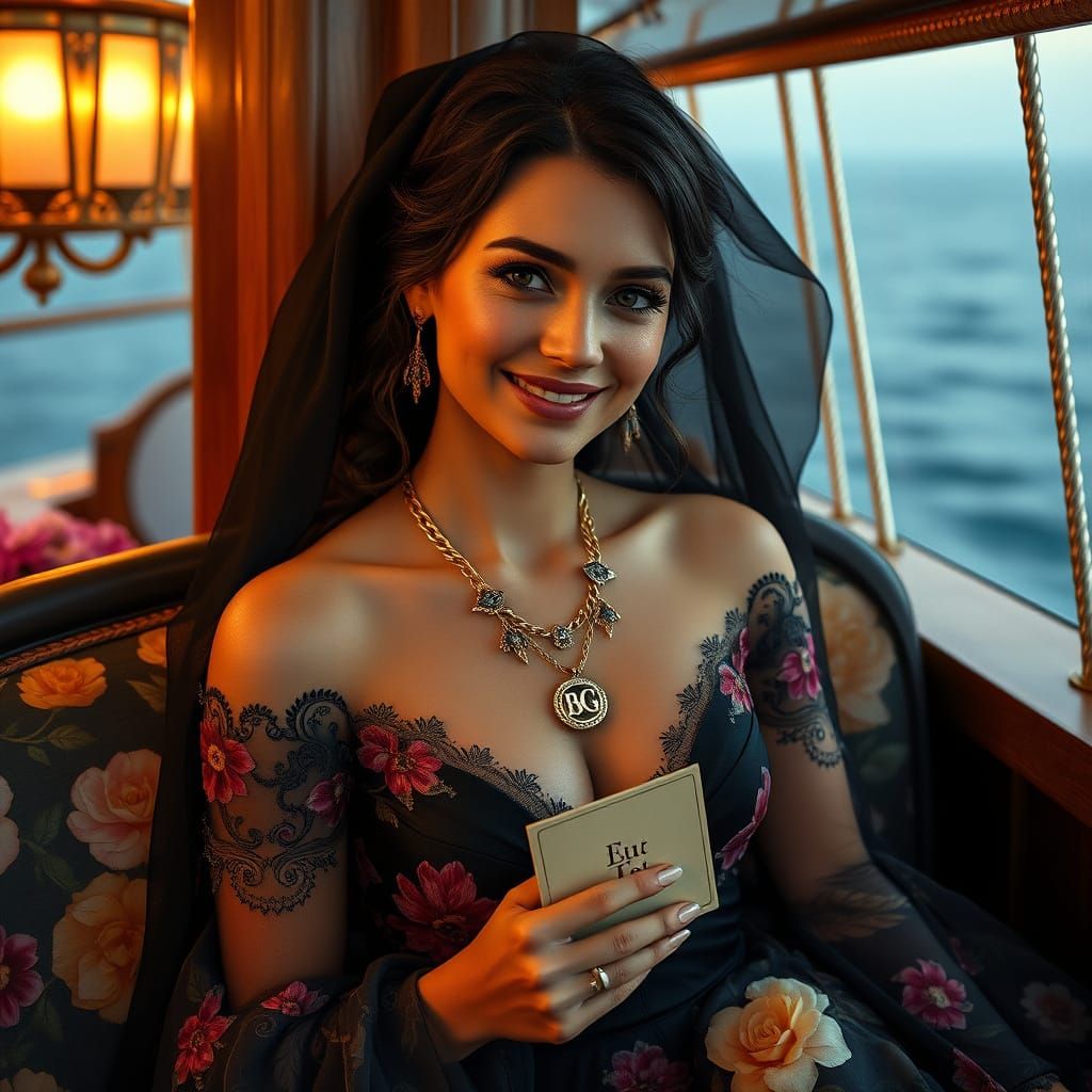 Vestida com um vestido luxuoso italiano, exibindo variados c...