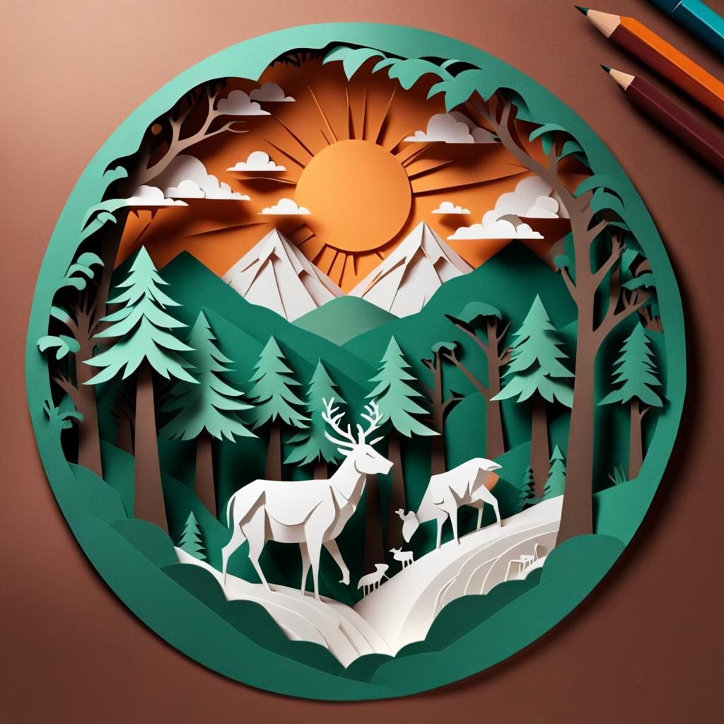 Kirigami Shepherd Scene with Sheep in Mountains