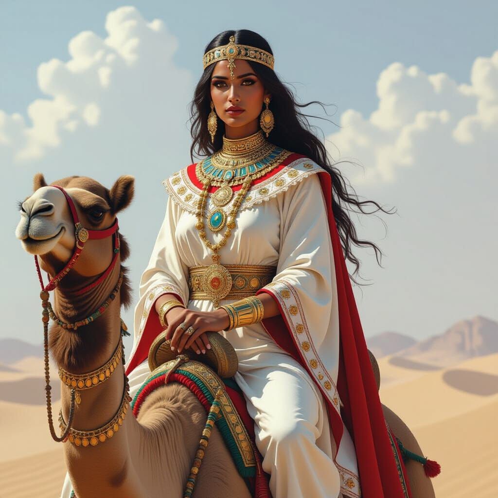 Sumerian Queen Rides Camel in Digital Art Style