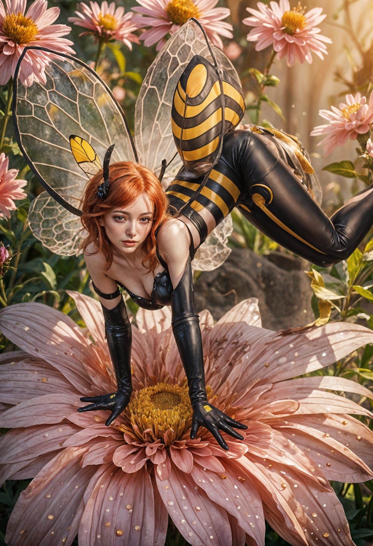 Woman Bee Hybrid on Pink Flower - Fantasy Art