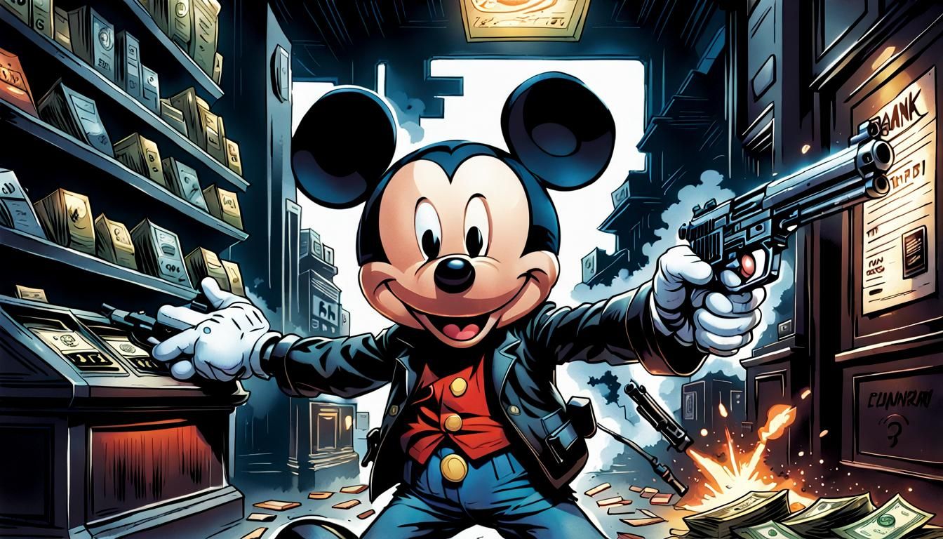 Mickey Mouse Bank Heist in Comic Book Style