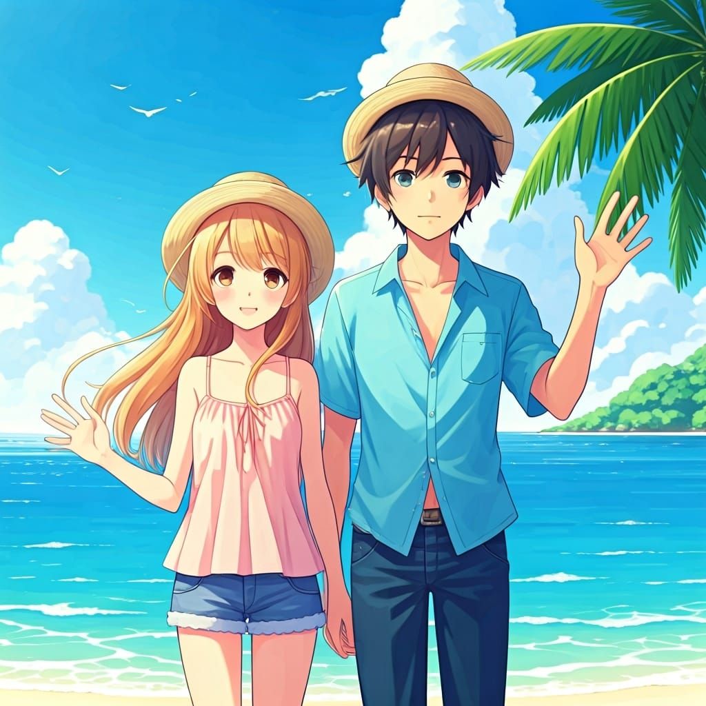 Anime Friends on Sunny Beach in Ghibli Style