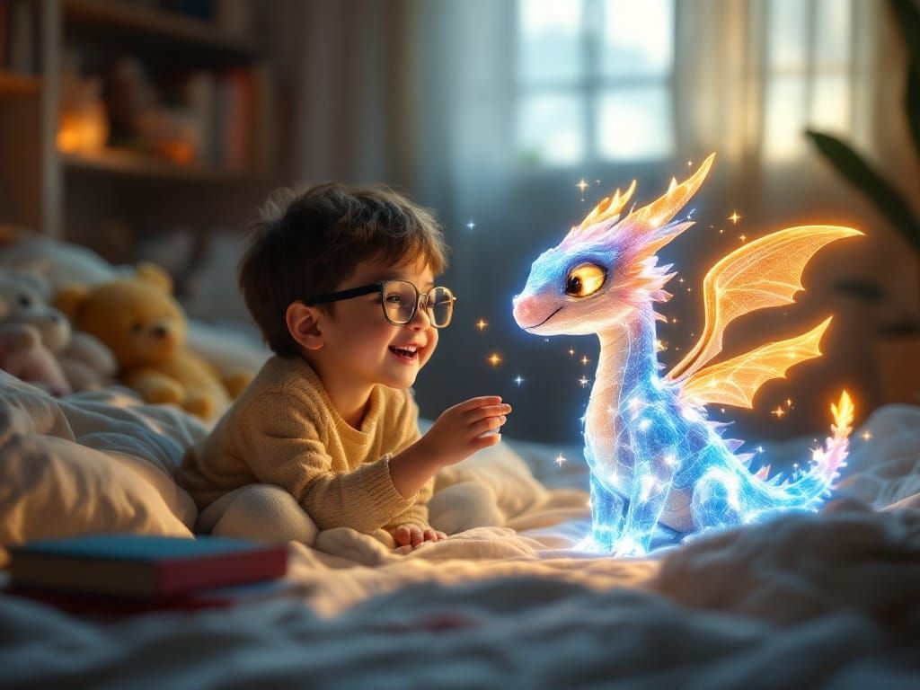 Child's Wonder with Holographic Dragon Companion in Cozy Bed...