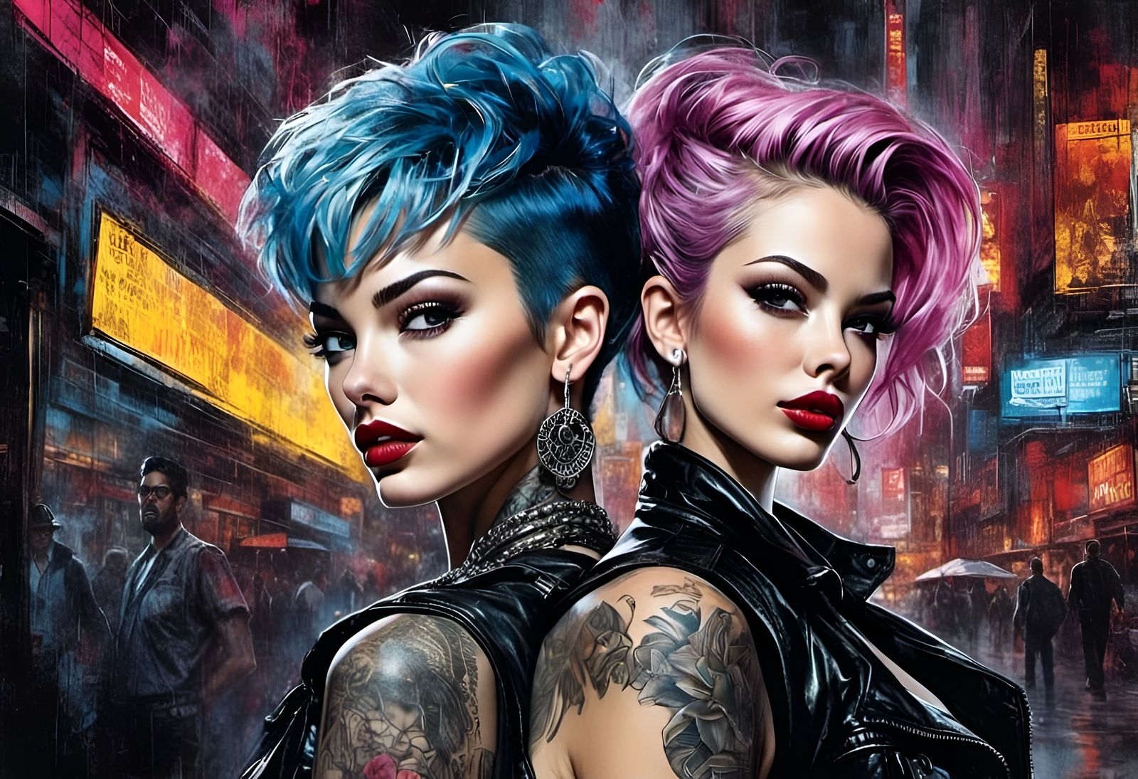 2girls <lora:Grunge-Poster:1.0>Cyberpunk pinup girls  <lora:Beautiful Visions:0.6>...
