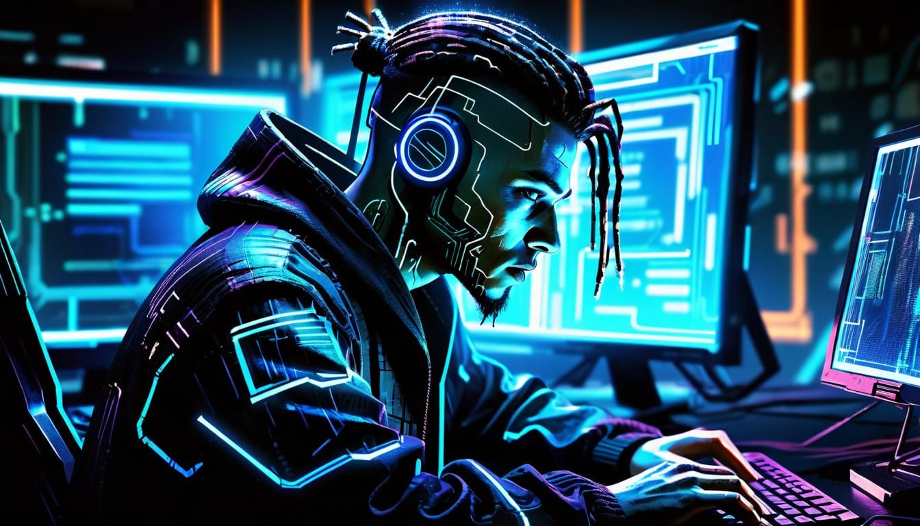 Cyberpunk Hacker at Computer in Neon Noir Style